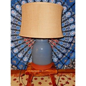 VTG MCM Blue Gris Pottery Stoneware Table Lamp Farmhouse Terracotta Burlap Shade